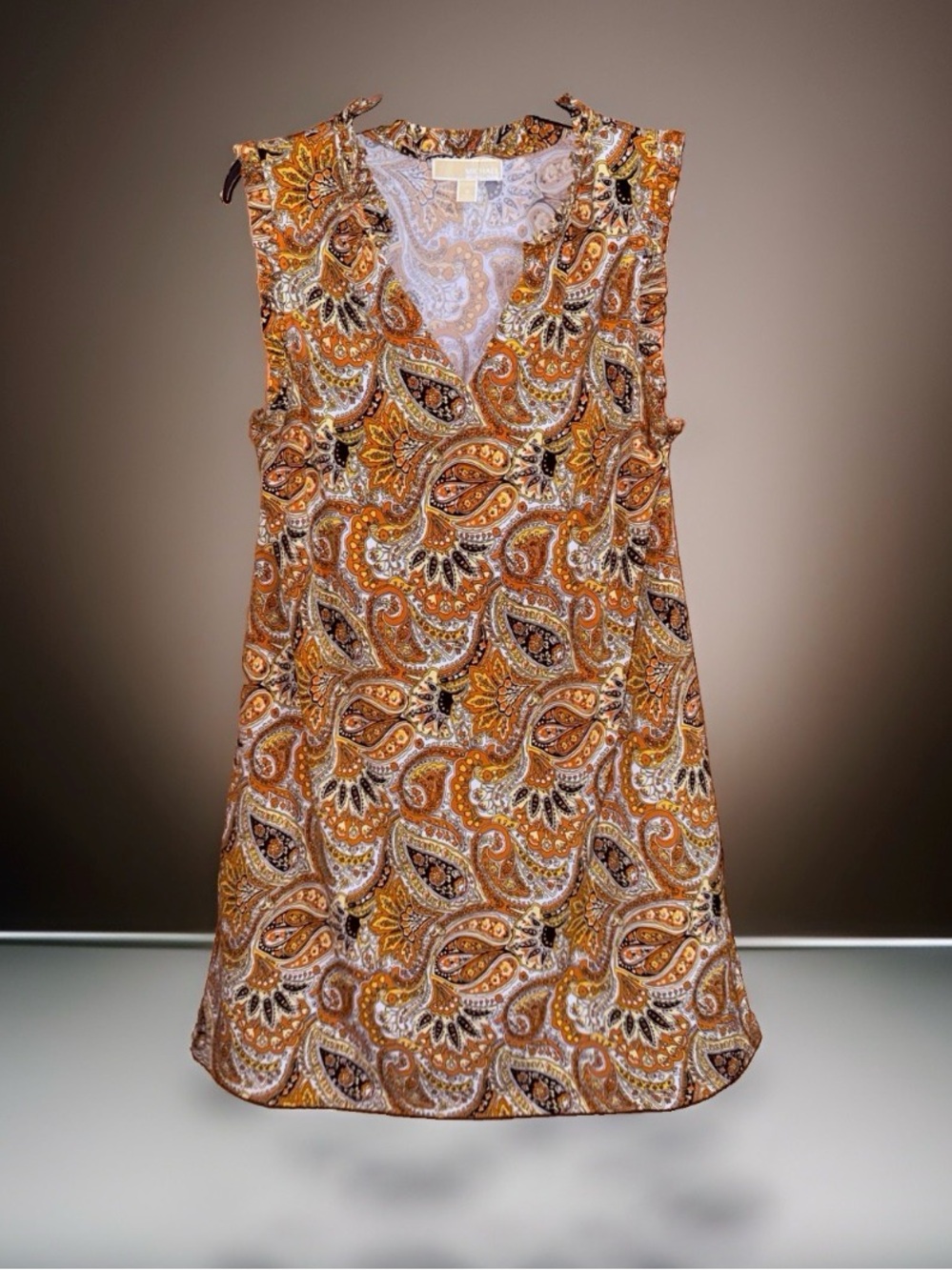 MICHAEL Michael Kors Orange Sleeveless Paisley Shift Dress-Ruffle Accents-1X-EC